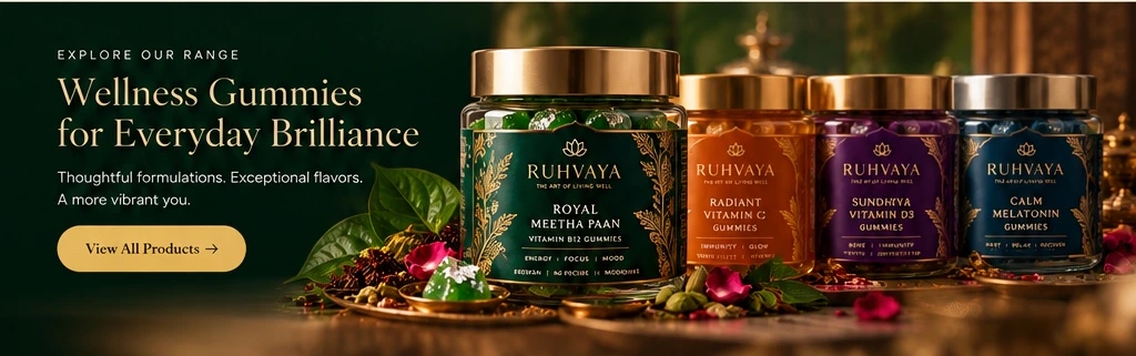 RUHVAYA premium wellness gummies range in elegant emerald, amber, purple and blue jars