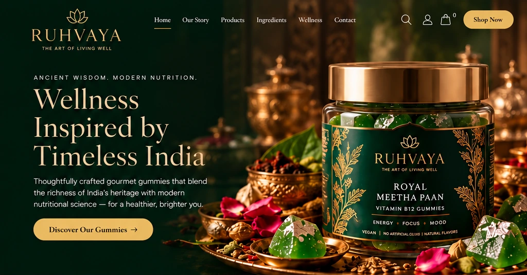 RUHVAYA Royal Meetha Paan B12 jar in emerald green with gold lid and green silver-flecked gummies